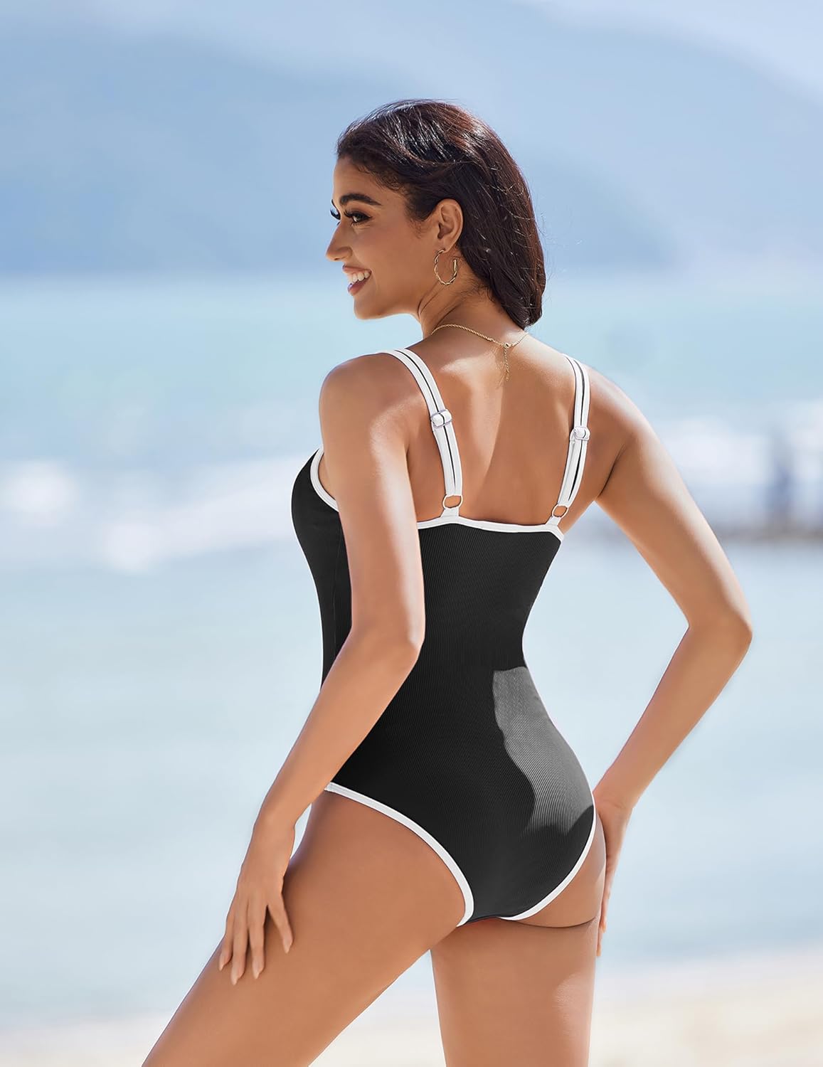 AI'MAGE Womens One Piece Swimsuit Ribbed High Cut Bathing Suit Color Block Sport Swimwear with Adjustable Strap S-2XL - Image 2
