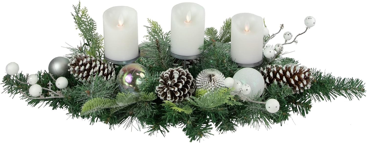 Pine and Berries Triple Candle Holder with Iridescent Christmas Ornaments - 32"