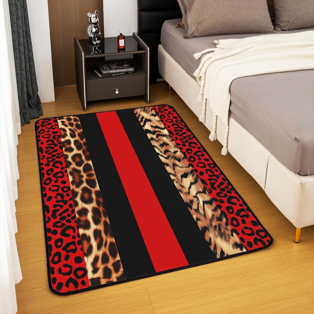 Feelyou Leopard Indoor Floor Mat Boys Girls Area Rug 5x7 Fur Print Red Black Living Room Rugs for Kids Ultra Soft Safari Accent Rug Animal Decorative Rug Room Decor
