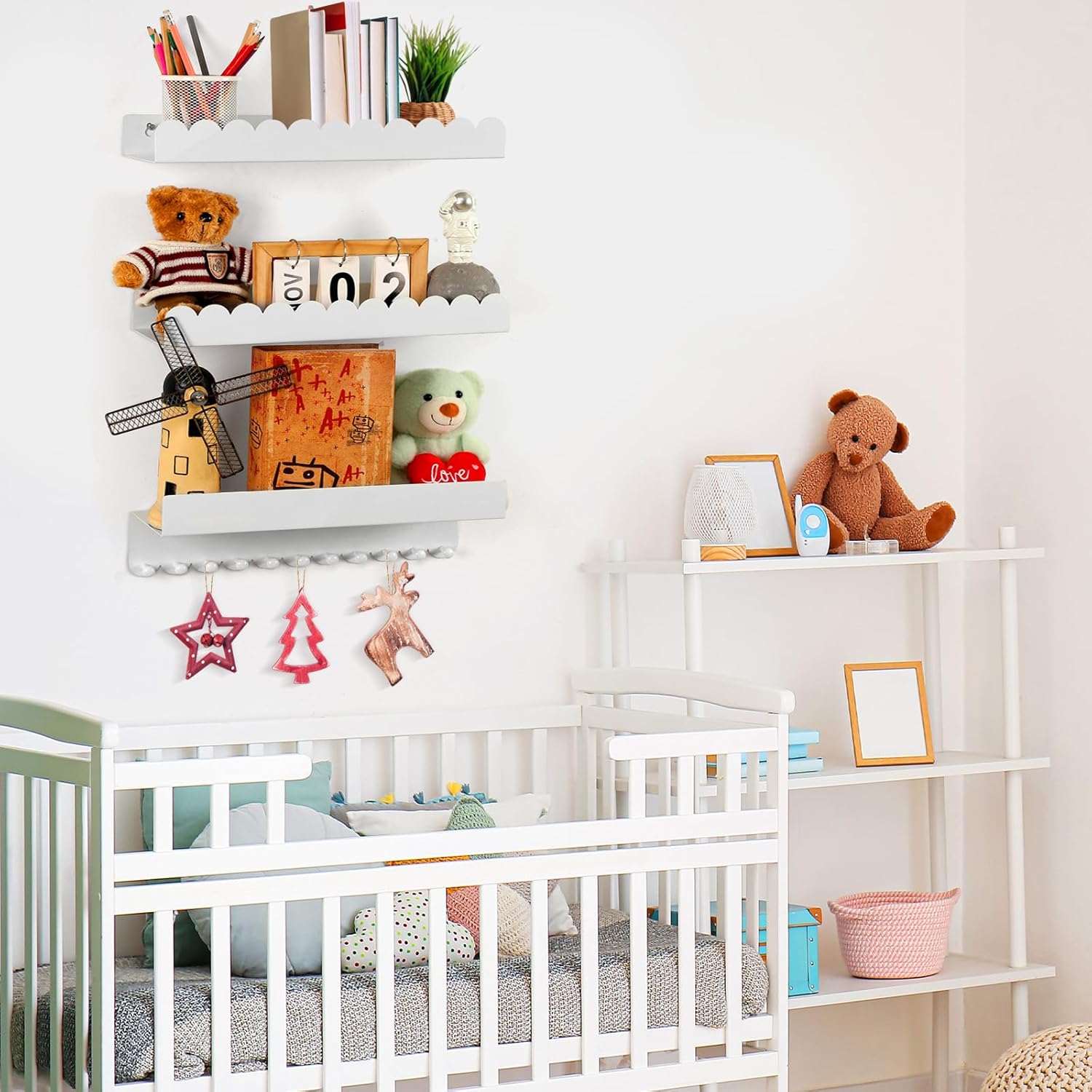Fourluoo Nursery Book Shelves with Hooks Set of 3, Sturdy Metal Floating Scalloped Shelves for Nursery Wall Mounted White Book Shelf for Kids Room, Baby Bedroom, Bathroom, Playroom Decor, 16 Inch
