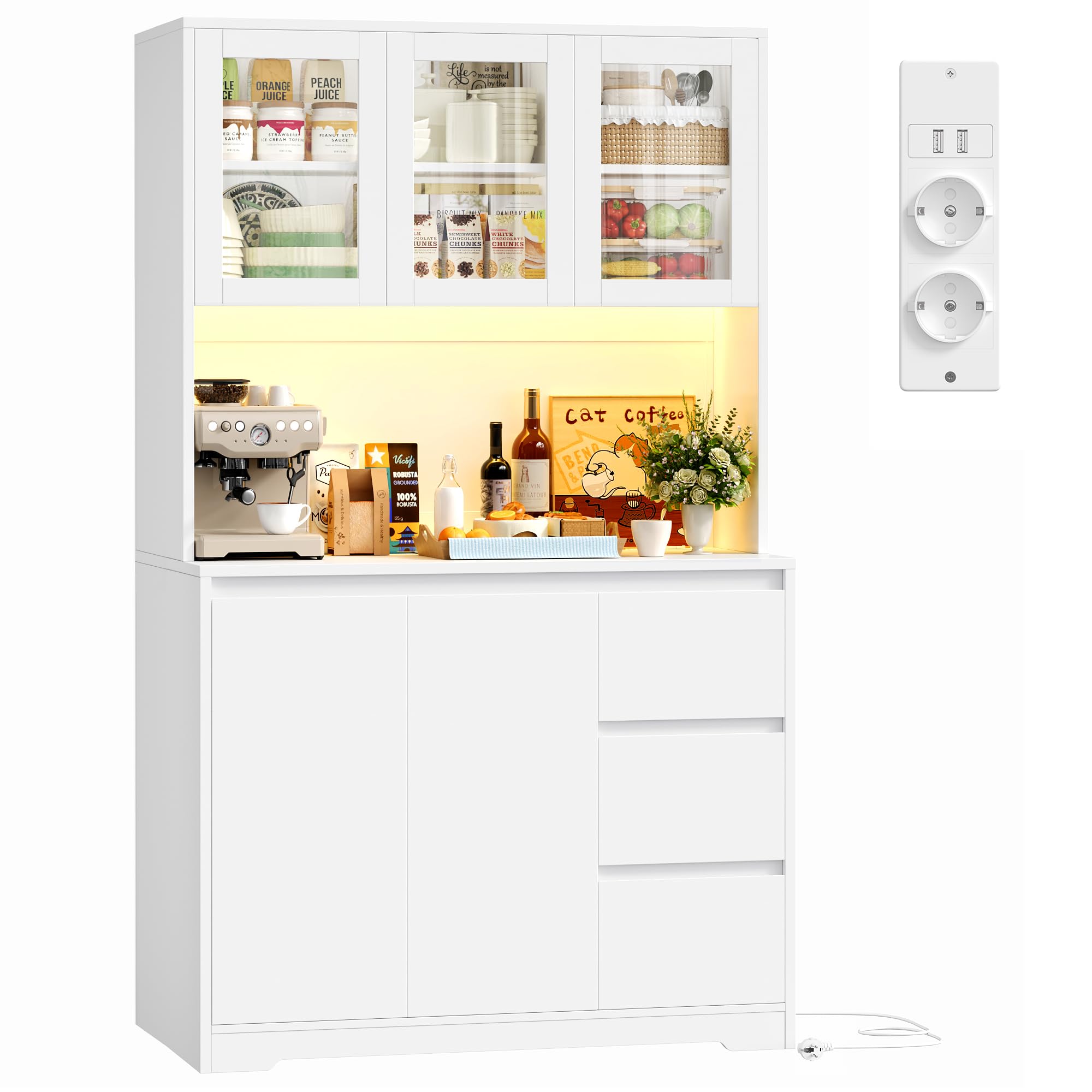 FirFurd Credenza Cucina, Credenza Alta con Luci a LED e Prese, Mobile Buffet con Cassetti e Armadi, Ripiani Regolabili, per Cucina, Soggiorno, Studio180x100x38,5cm (Bianco)