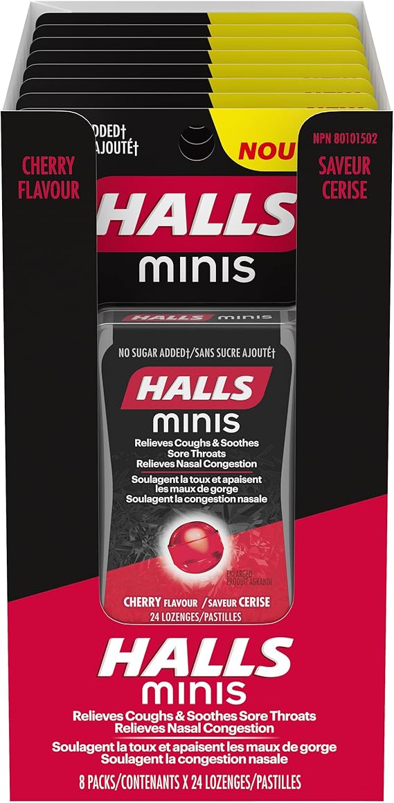 Halls Minis No Sugar Added Cherry Cough Drops, 24 lozenges per pack, 8