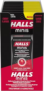 Halls Minis No Sugar Added Cherry Cough Drops, 24 lozenges per pack, 8 packs per tray