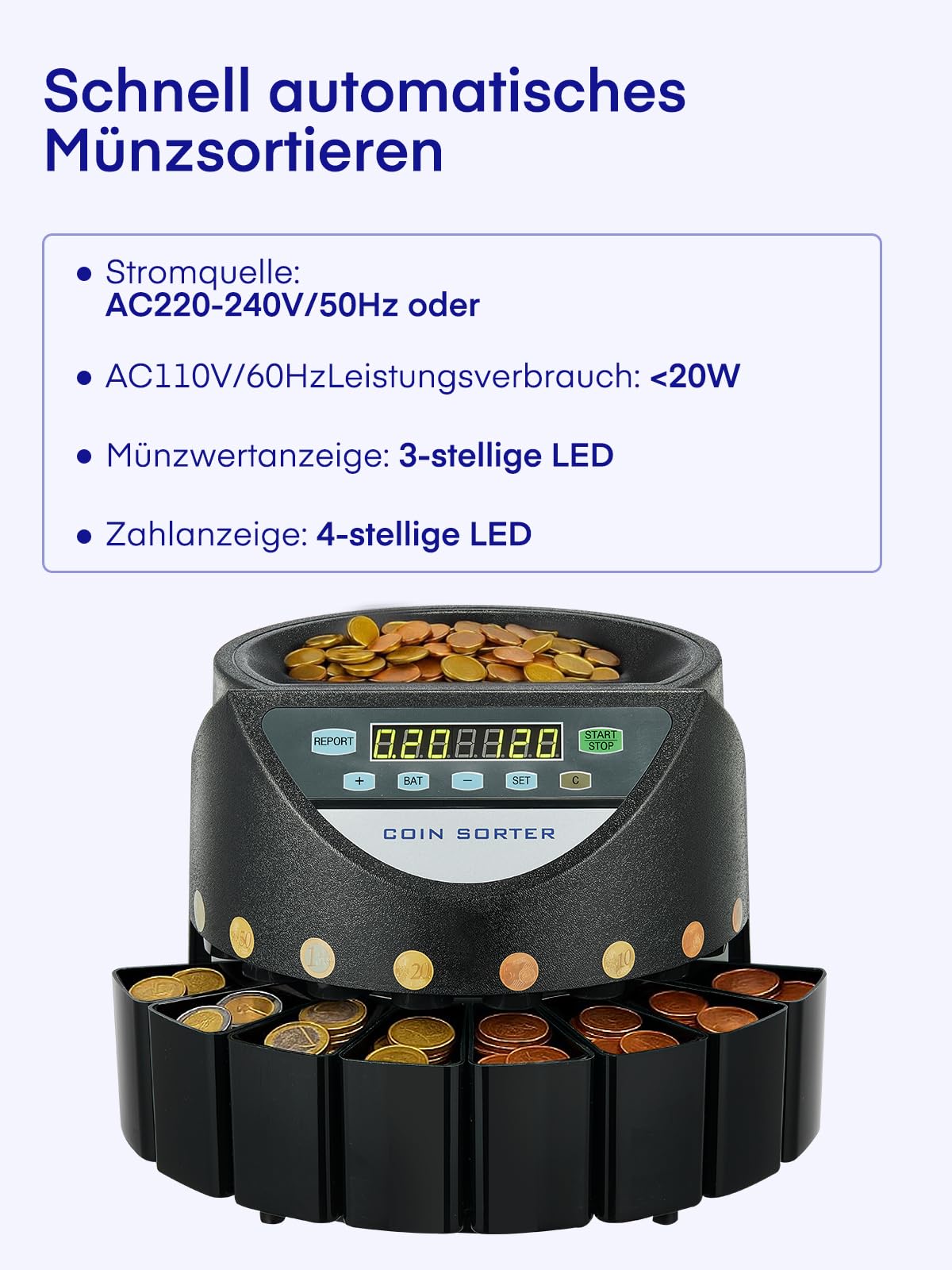 Münzzähler Euro Sortierer, Geldzählmaschine Münzen Sortierer 800 Münzen Kapazität, Münzen Zählmaschine mit 8 Auffangboxen, münzzählmaschine für Schulladenbank, schwarz, U-Bahnen