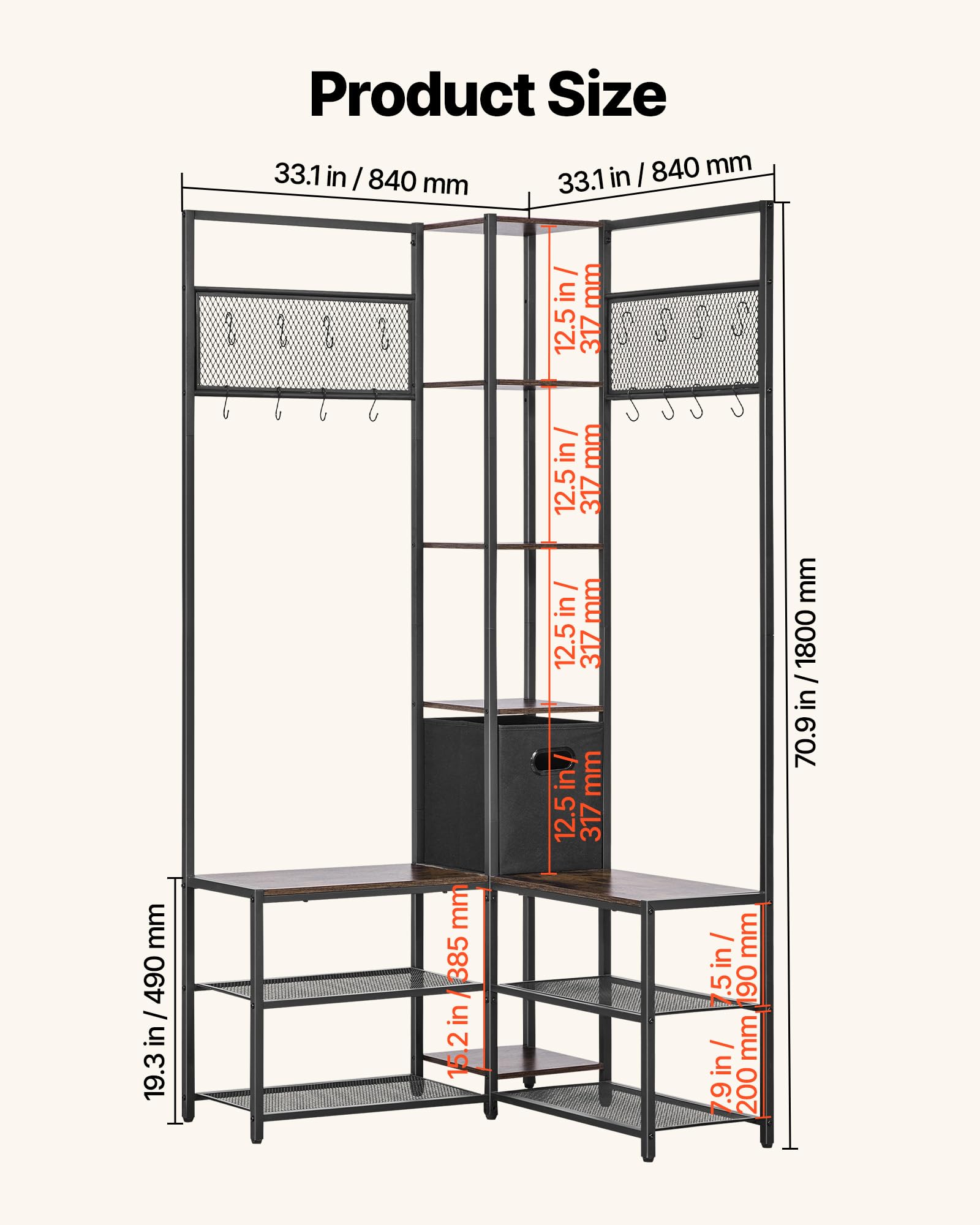 VEVOR Perchero de Esquina 180 cm, Organizador de Ropa con Ganchos Banco Zapatero y Estantes para Abrigos Bolsos Calzado, Armario Abierto para Entrada Pasillos Dormitorio Salón, Marrón Rústico y Negro