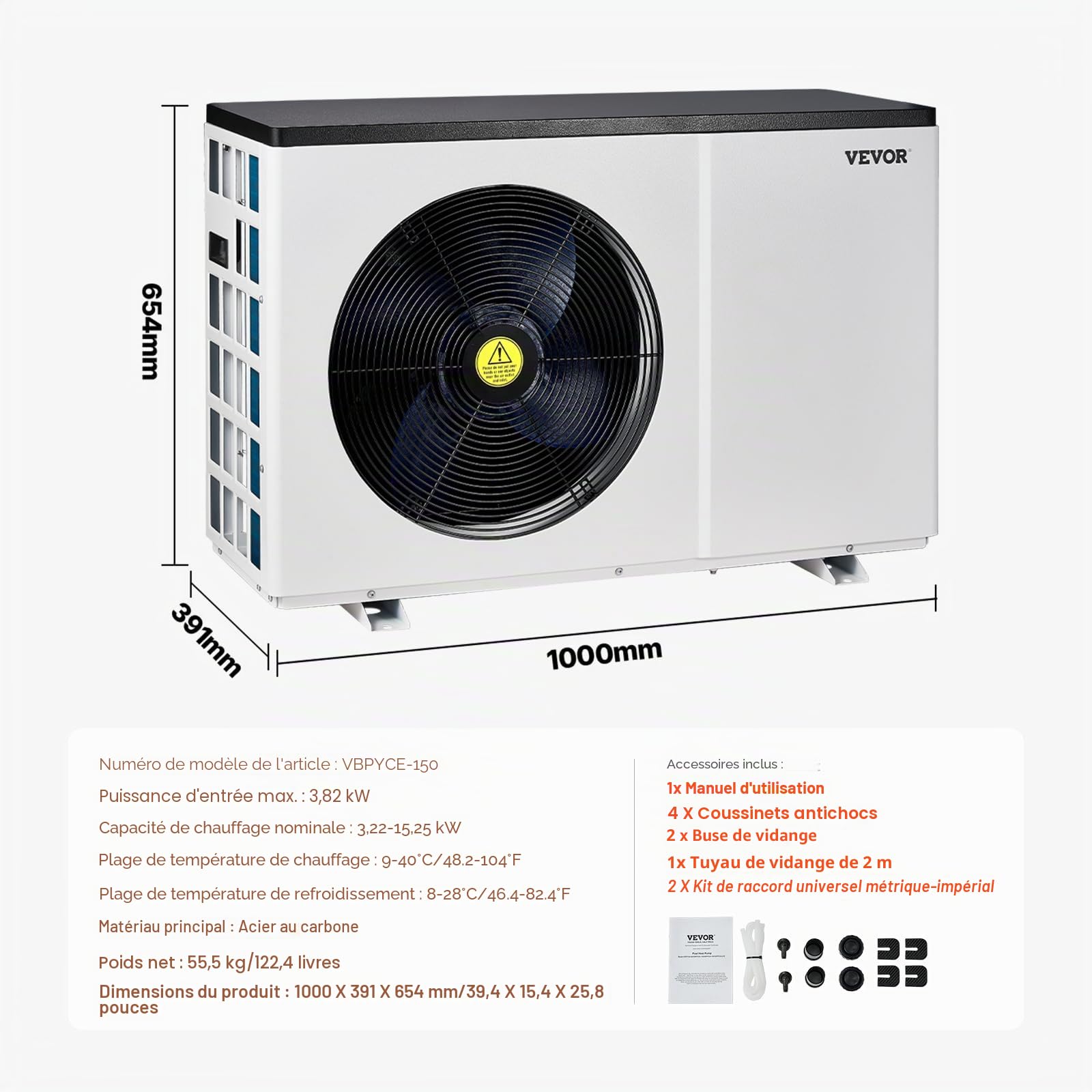 VEVOR Pompe à Chaleur électrique pour Piscine, capacité de Chauffage 3,22-15,25 KW, Chauffage de Piscine à fréquence Variable à économie d'énergie pour piscines Hors Sol 30 à 60 m³, AC220-240 V 50 Hz