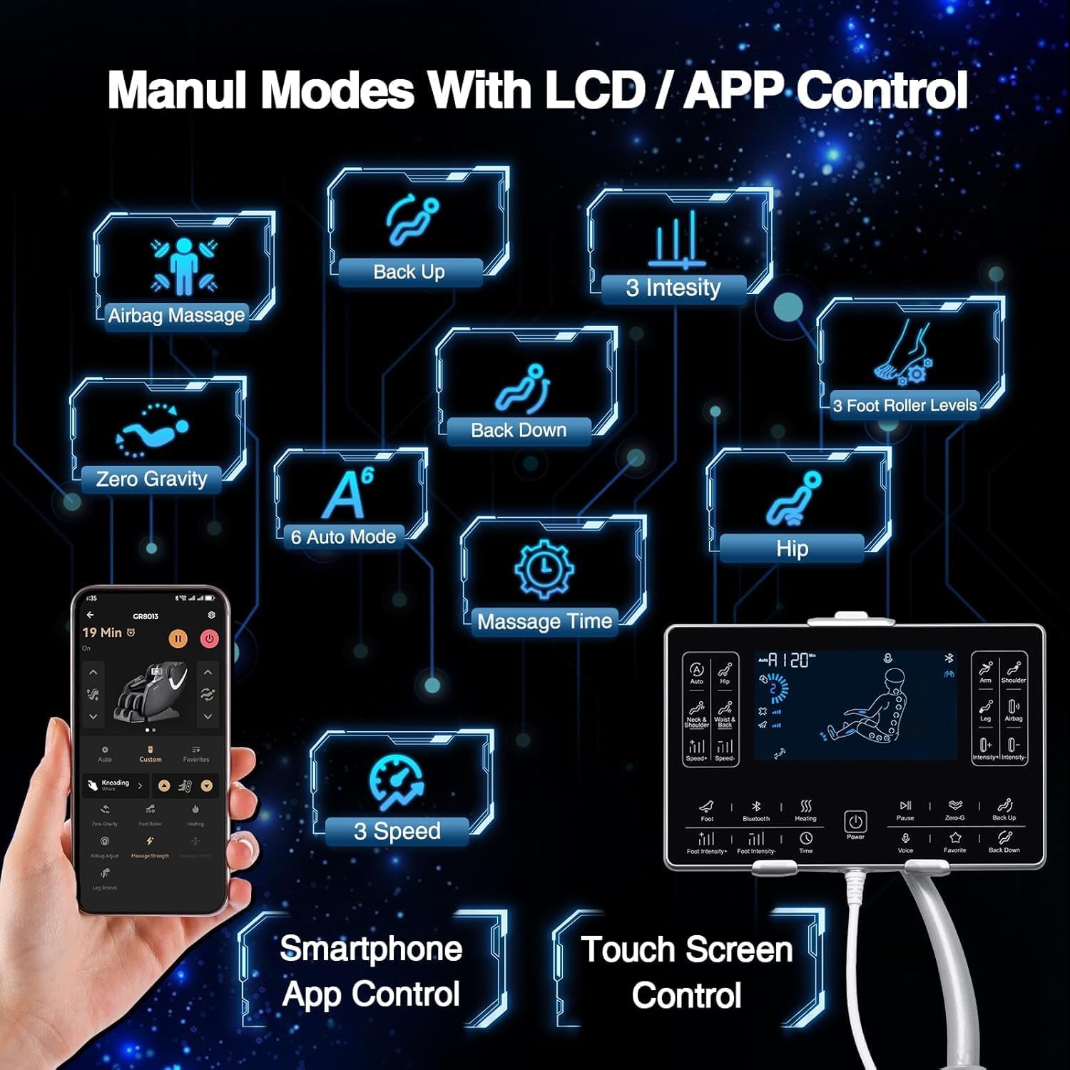 Touch screen and smartphone app interfaces displaying various manual and auto massage modes, including Zero Gravity, Airbag Massage, and Foot Roller Levels.