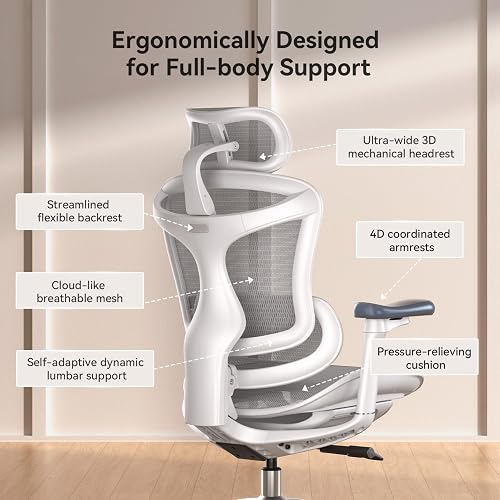 SIHOO Doro C300 Ergonomic Office Chair with Ultra Soft 3D Armrests, Dynamic Lumbar Support for Home Office Chair, Adjustable Backrest Desk Chair (White) - 8