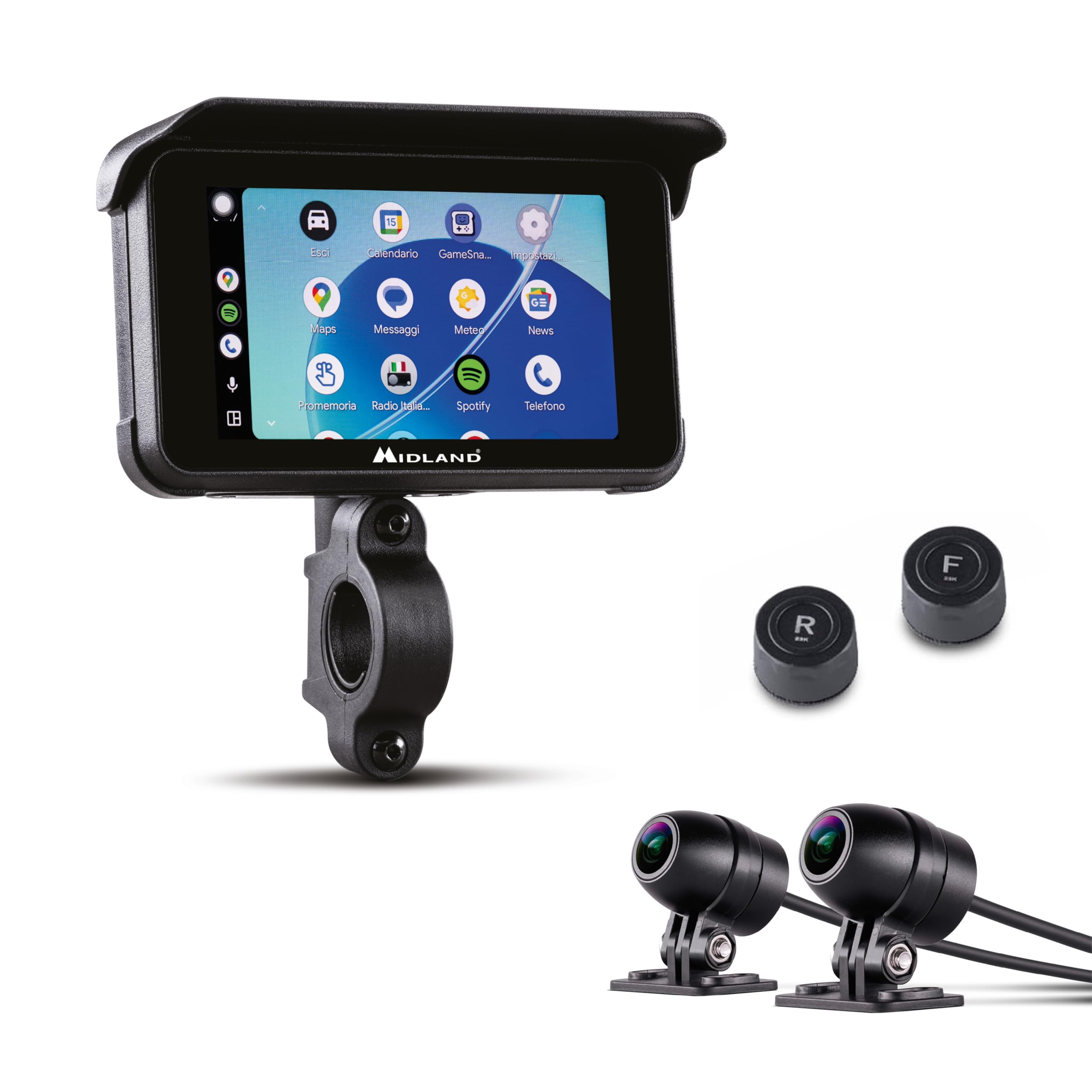 Midland, BikePlay Guardian Display avec Dashcam Moto 5"Touch Screen, Commandes Vocales Surveillance Pression Pneus, Caméra Double Embarquée Étanche Capteur Impact Camera Moto & Android Auto Accessoire