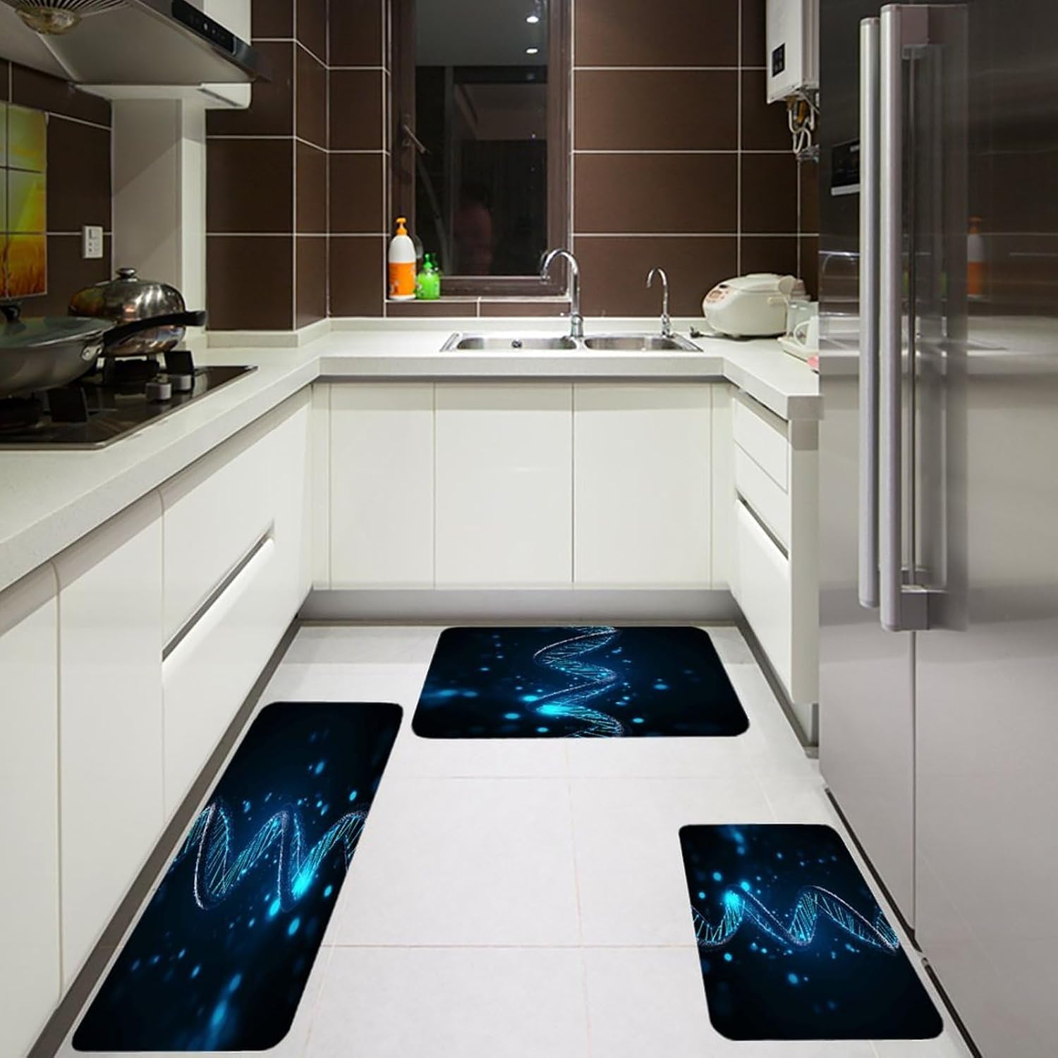 Blue DNA Structure Kitchen Rugs Sets of 3 Washable Non Slip Kitchen Rug Water Resistant Carpet Piece Anti Fatigue Kitchen Mats Soft Comfort Standing Mat Modern Area Rug