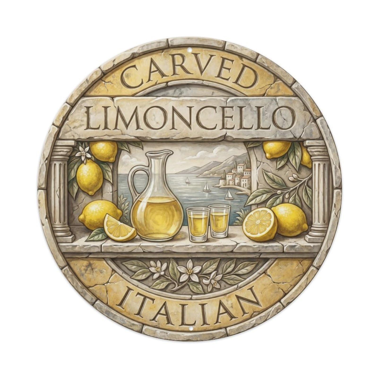 Carved Italian Limoncello Crest Metal Tin Sign Plaque Wall Decor for Cafe, Club Bar, Office, Home Garden Round Metal Poster 8x8Inch
