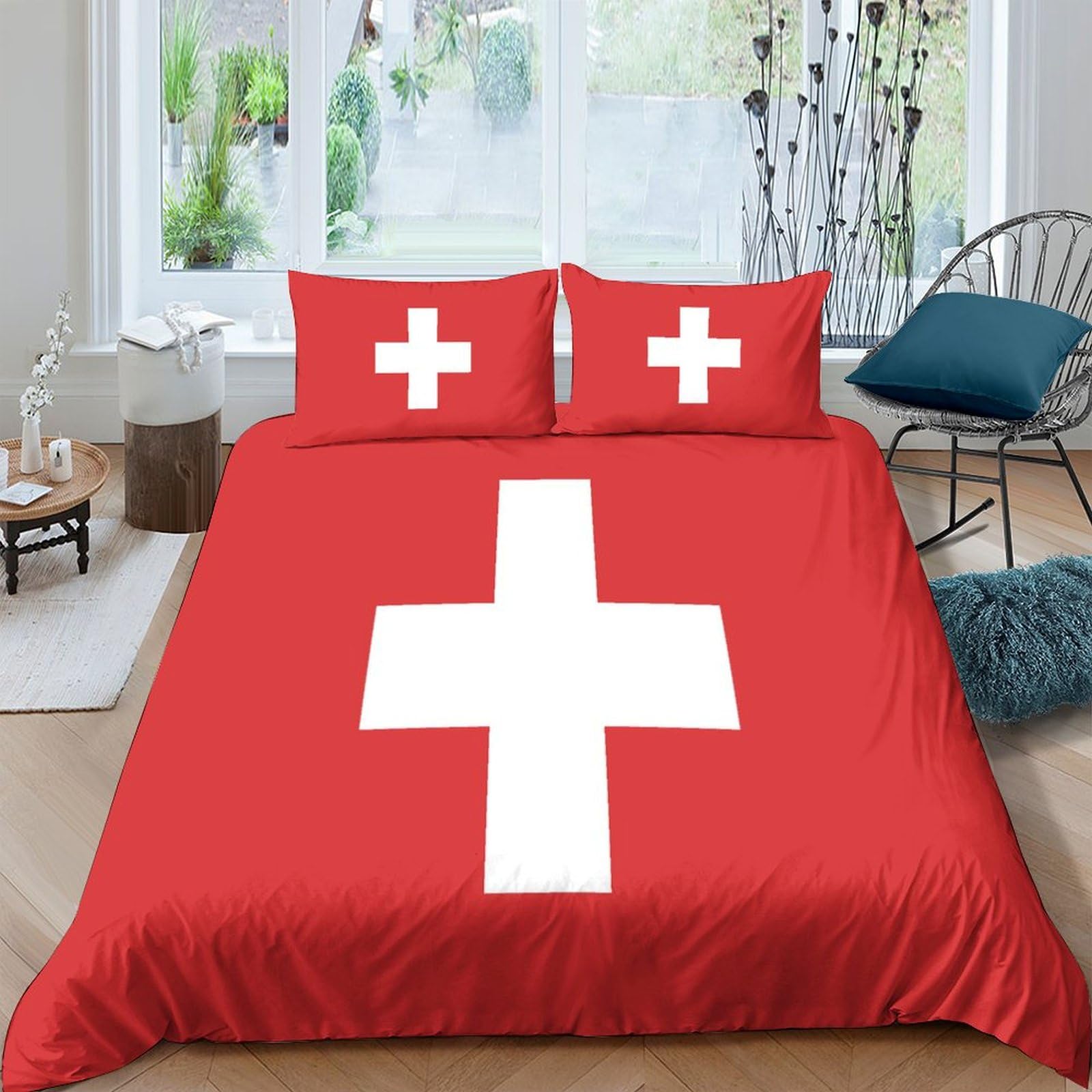 AAHARYA Flag of Switzerland 3D Duvet Cover, Easy Care Polycotton Bedding Sets, Super Soft National Flag Quilt Covers Double（200x200cm）