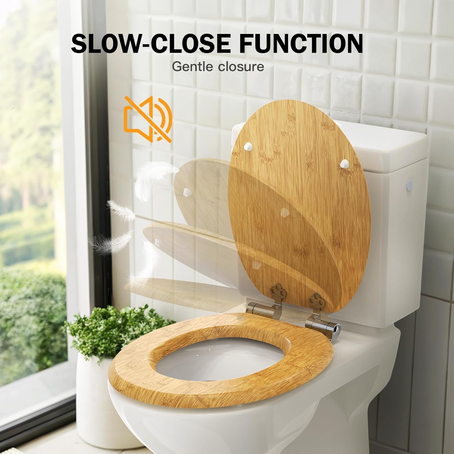 Image demonstrating the slow-close function of the toilet lid, with the lid gently lowering and a sound icon indicating quiet operation.