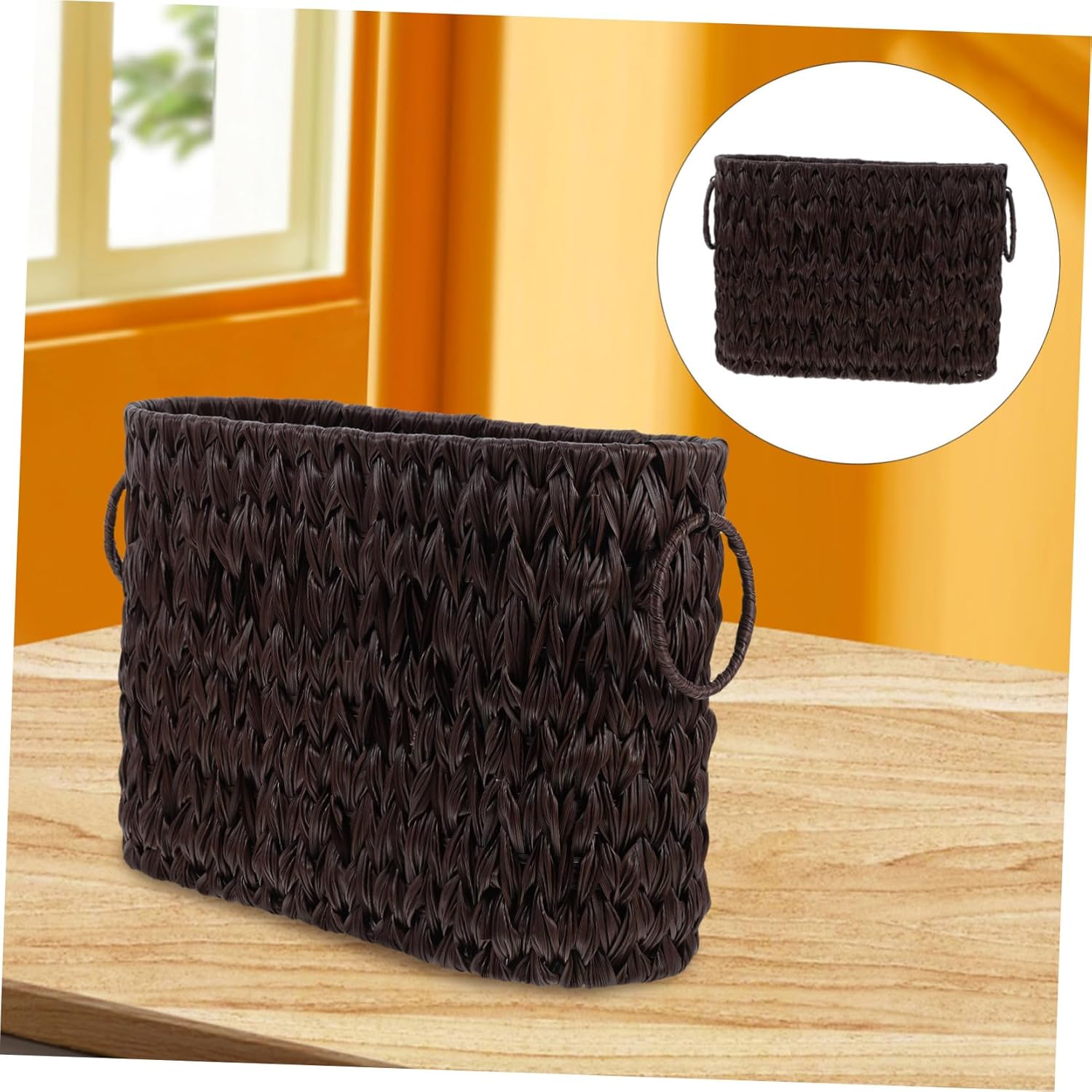 Woven Rattan Storage Basket Capacity Sundry Organizer for Dining Table Decorative Box Handle Magazine Rack