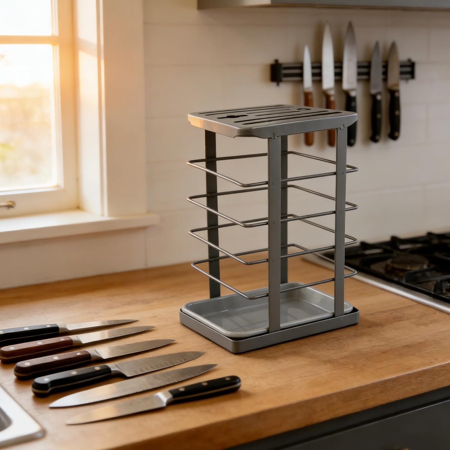 Gray, Carbon Steel Knife Block with Drain Tray, Slanted Knife Stand for Kitchen, Knives, Scissors & Sharpening Rods