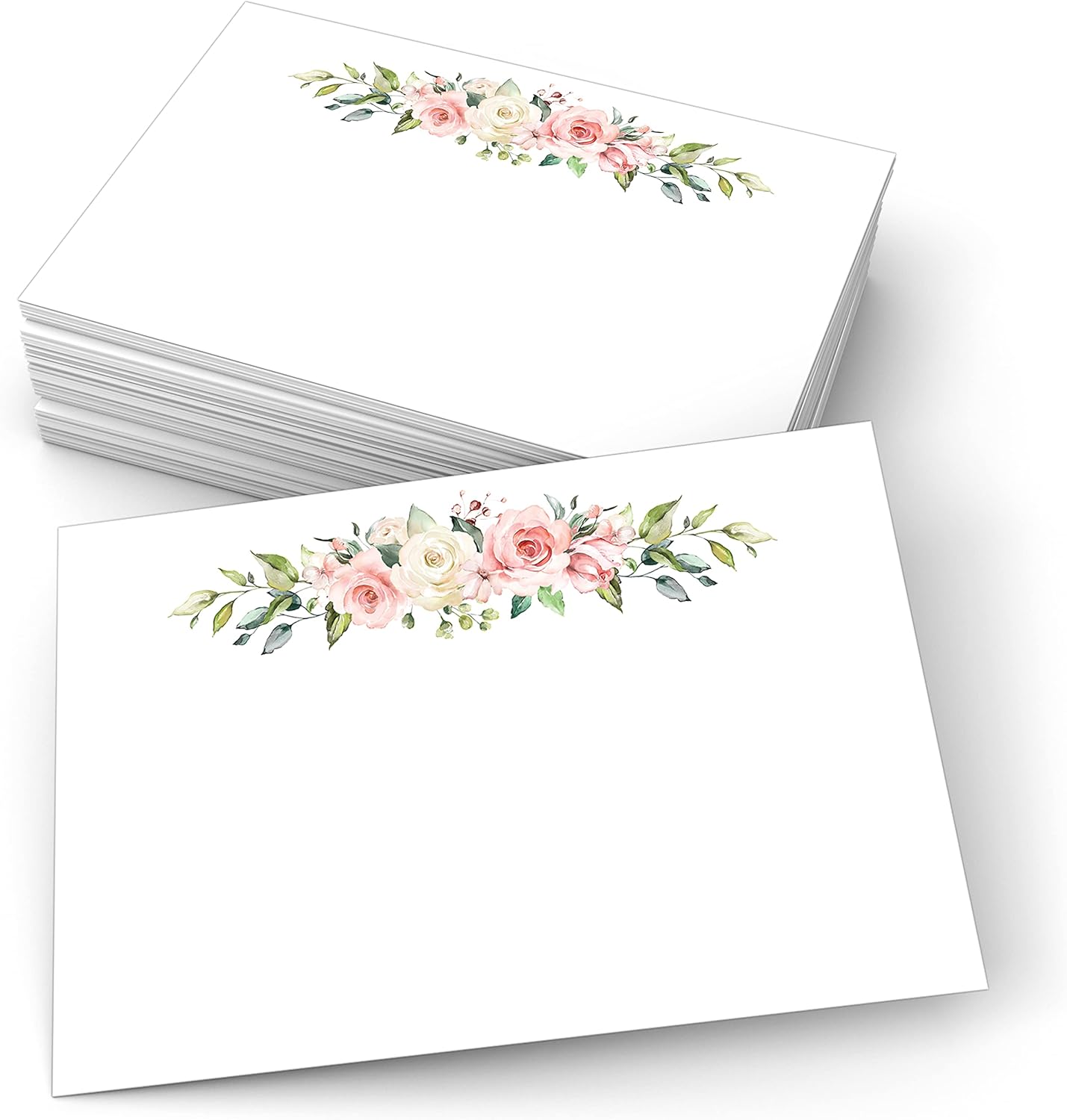 321Done Pink Roses Note Cards, 4x6 White (Set of 50), Thick Cardstock, Made in USA, Blank for Custom Greetings, Invitations, and Table Cards