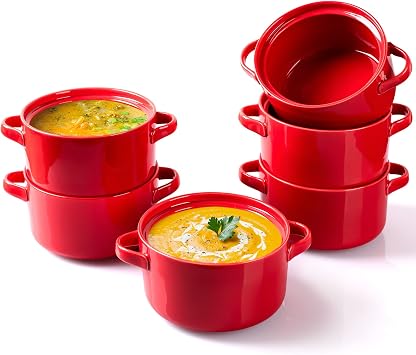 DELLING French Onion Soup Bowls with Handles Set of 6-24 oz Ceramic Soup Crocks Oven Safe, Porcelain Soup Bowl for Chili, Stew, Cereal - Red Stackable Microwave Dishwasher Safe