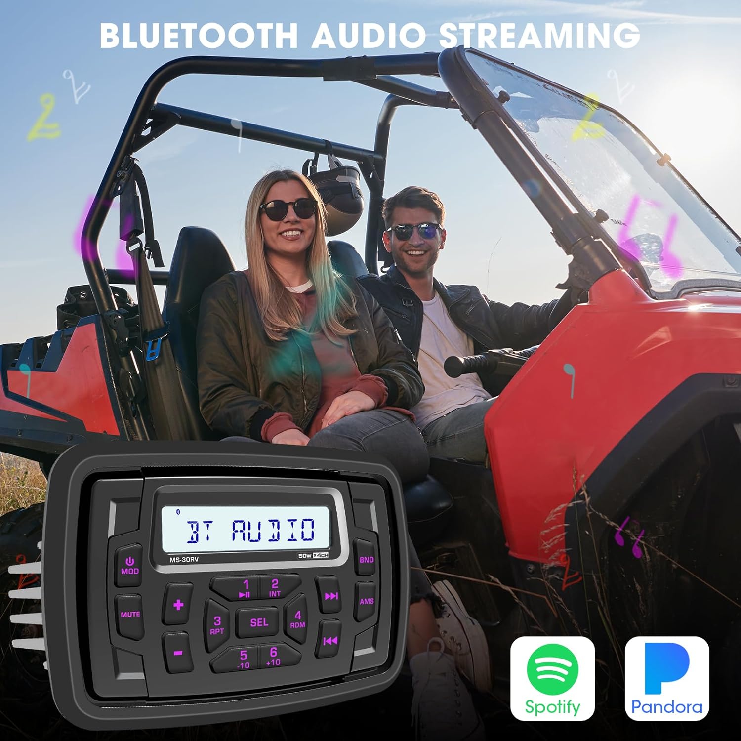 DOVOX stereo overlaid on an image of people enjoying music in a UTV, illustrating Bluetooth streaming