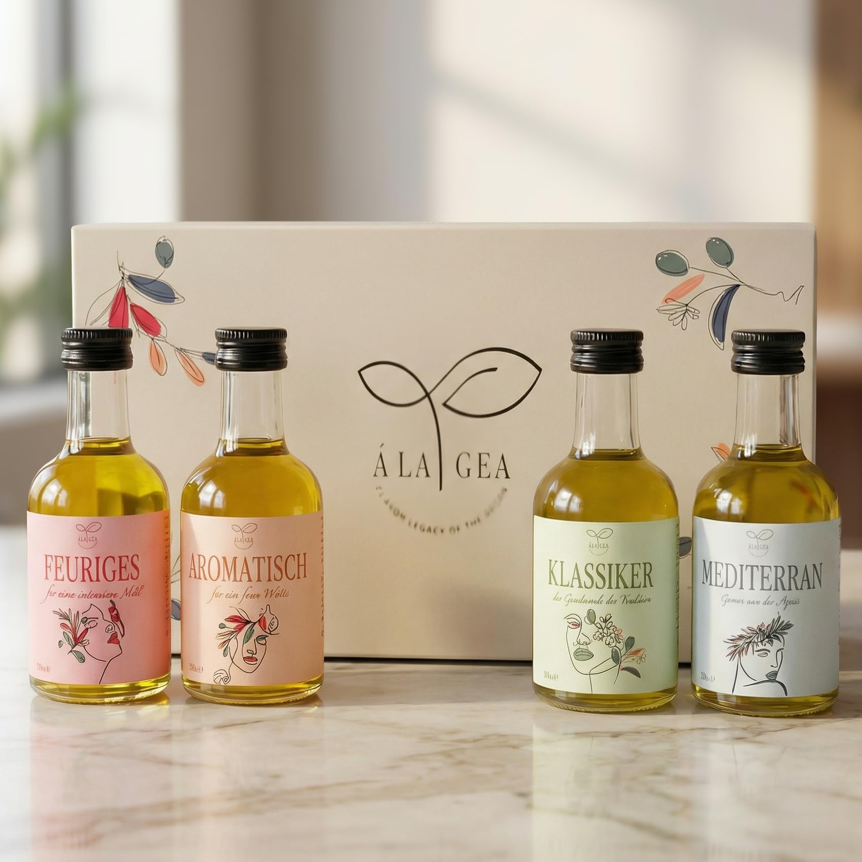 Á LA GEA Geschenkset Premium Aromatisiertes Olivenöl Chili Knoblauch Rosmarin Klassisch Mediterranes Gourmet Tasting Set