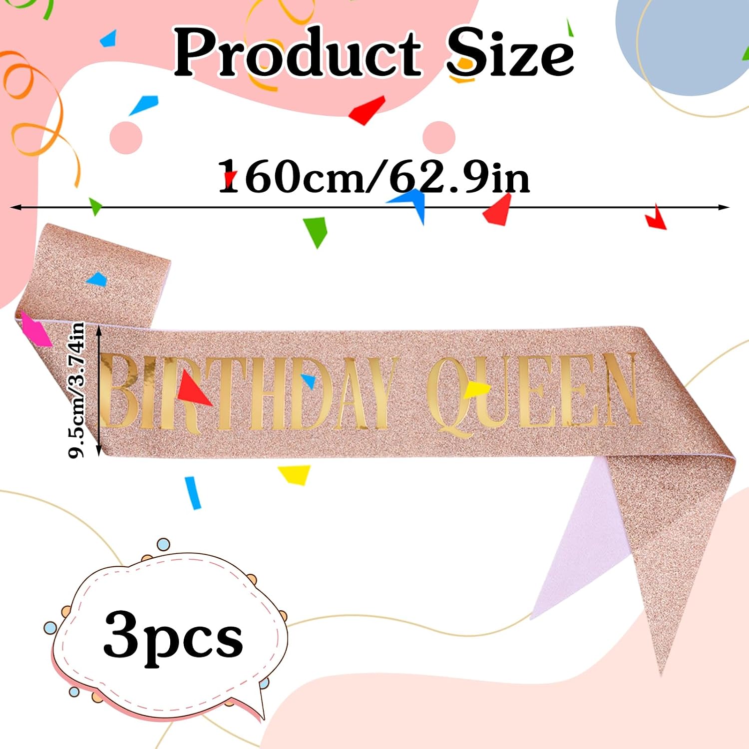 Molain 3Pcs Glitter Birthday Queen Sash, Happy Birthday Sash for Women Rose Gold Silver Birthday Sashes for Women Party Decorations Supplies with Safety Pins