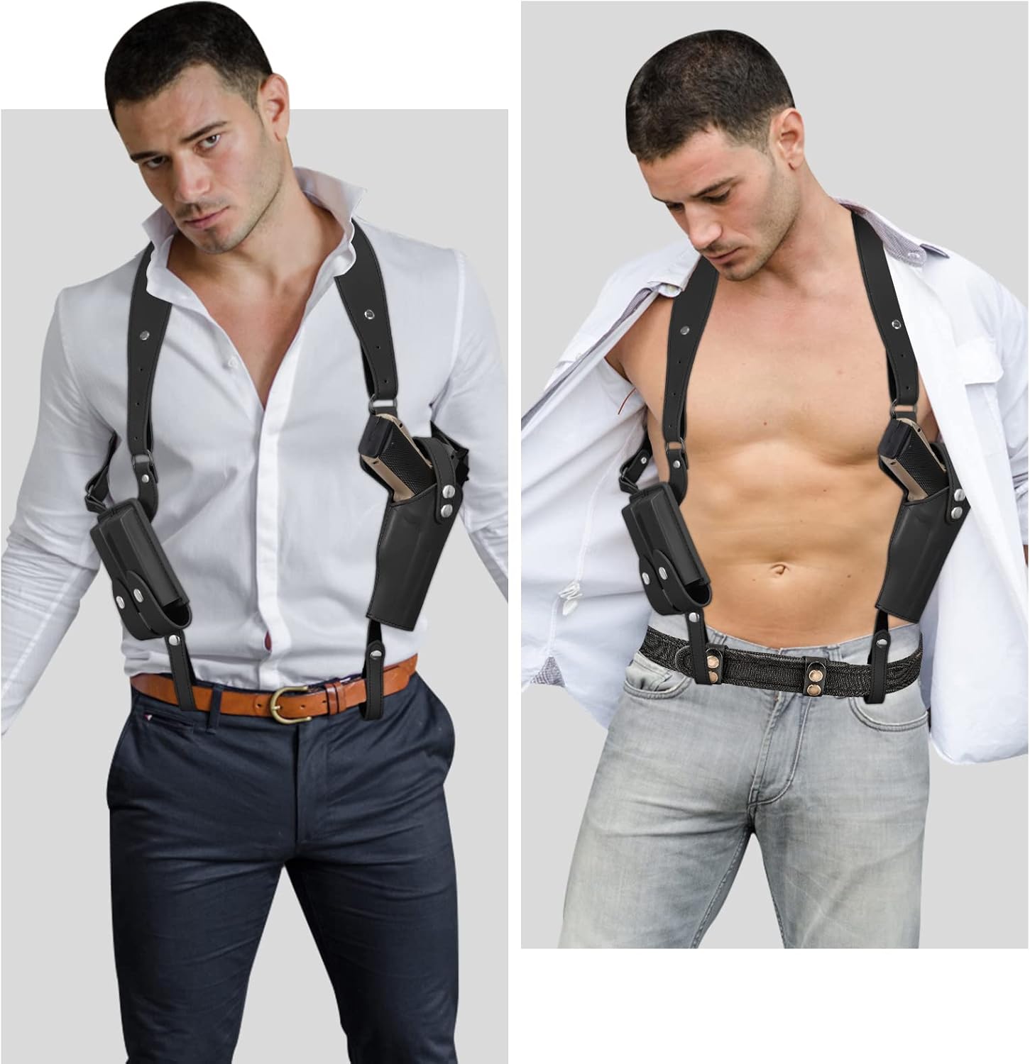 Shoulder Holster General Vertical Gun Holster Adjustable Leather Gun Holster for Concealed Carry with Double Magazine Pouch Adjustable for Glock 1911 and Most Kinds of Pistols - Image 6