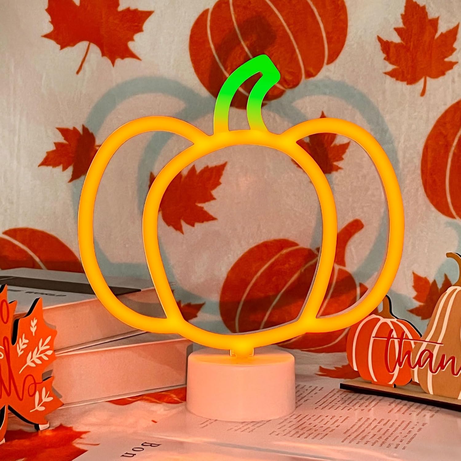 2 Pieces Pumpkin Neon Sign with Base Fall Lights Decor Cute Pumpkin Neon Lights for Fall Thanksgiving Table Centerpiece Decor Battery Operated Autumn Halloween LED Sign for Home Kitchen - Image 8