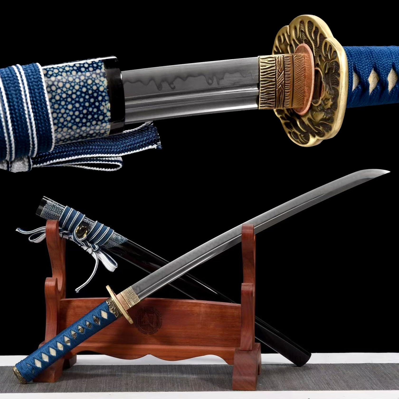 78cm Wakizashi,T10-Stahl Klinge,reinem Kupfer Tsuba,japanisches Katana | Samurai-Schwert Holz Saya,handgefertigtes Samuraischwert für Dekoration,Geschenke,Display,Training,Cosplay,Requisiten