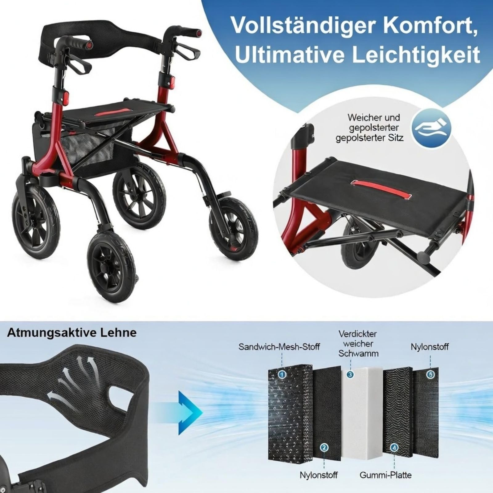 MAXWALK Rollator Faltbar und Leicht mit Sitz,30cm Reifen für Allen Gelände | Outdoor Leichter Rollator mit Gummirädern,Integrierte Seilzugbremsung,Aluminium Höhenverstellbarer Rollatoren für Senioren
