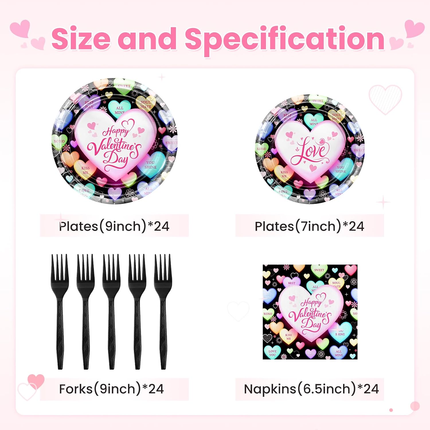 Avezano 96 pcs Valentines Plates and Napkins Disposable Happy Valentine's Day Paper Plates Conversation Hearts Tableware Serve 24, Black