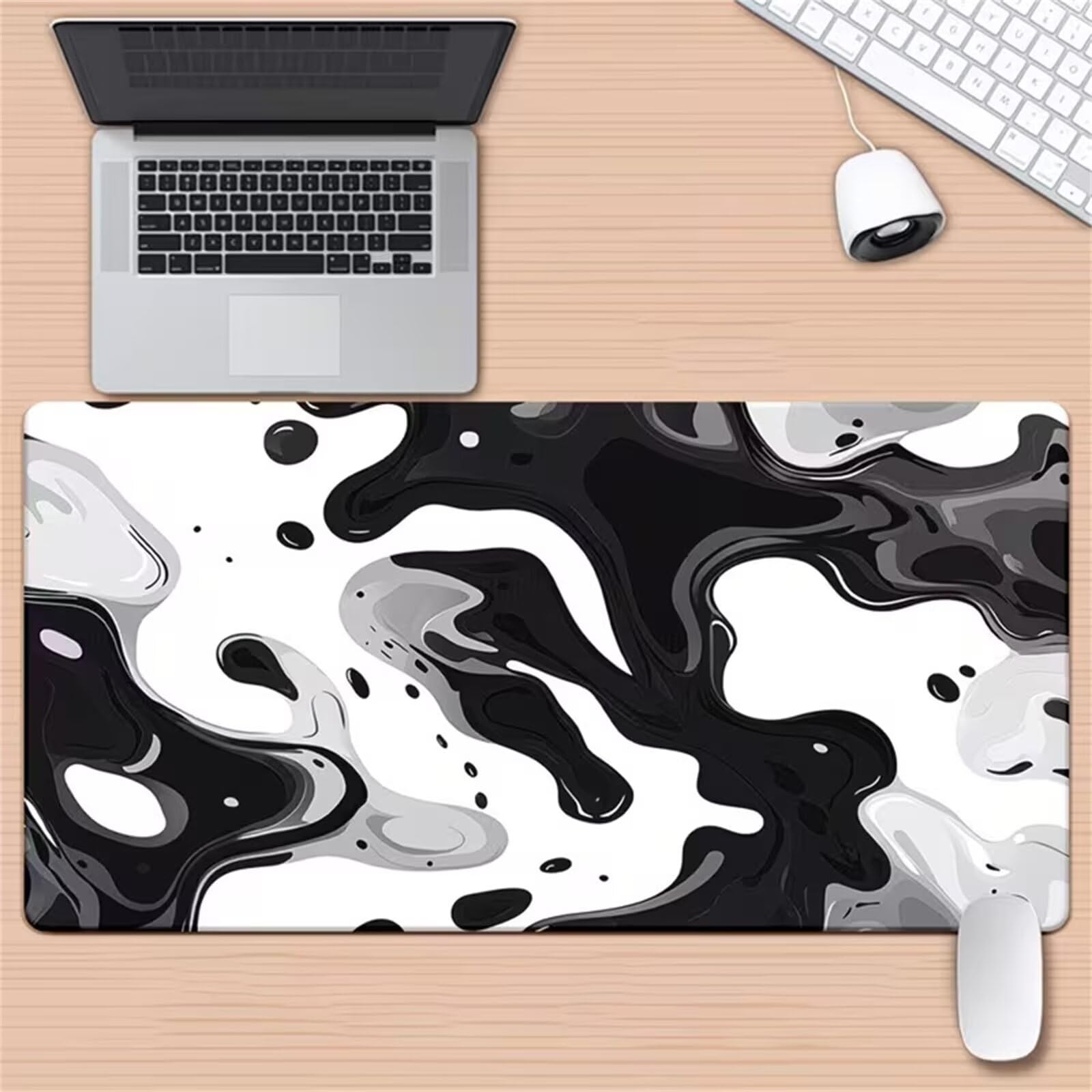 Tappetino per Mouse Gaming XXL 800x400x3mm,Sottomano Scrivania Grande Base Gomma Antiscivolo Bordi Cuciti,Ampio Tappetino per Tastiera PC Laptop Casa Ufficio (Liquido bianco nero)