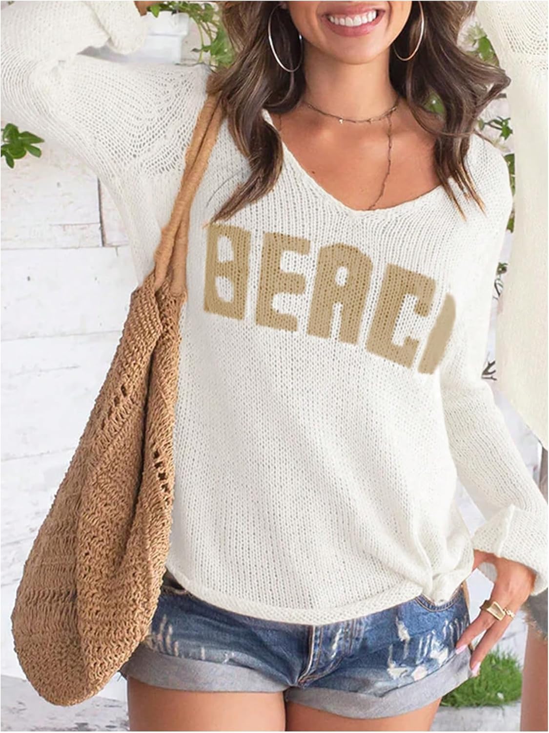 Women's Letter V Neck Beach Sweaters Long Sleeve Split Crochet Tops Knit Pullovers Cover Up - Image 5
