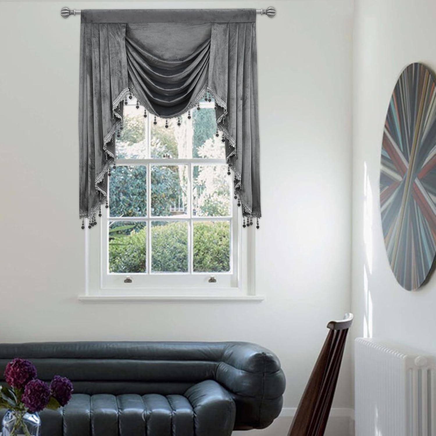 Gray Waterfall Valance for Living Room - Tassels Swag Curtain Valance for Bedroom - Rod Pocket Waterfall Valance for Kitchen (1 Panel, Width 39 Inch) Grey 39"W x 48"L (Pack of 1)