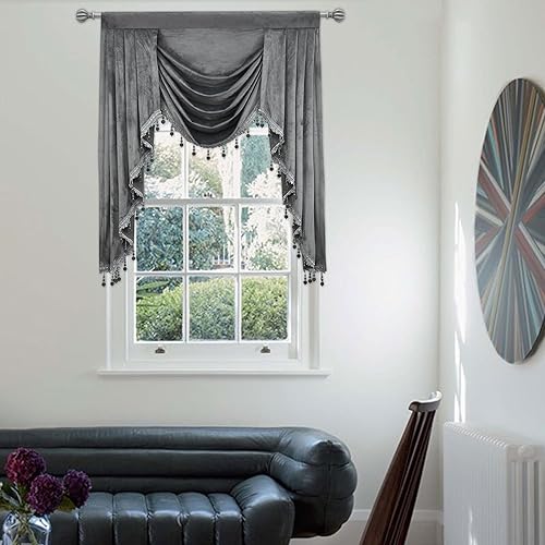 Miniatura 10 de JADE POKE Cenefas de cascada de terciopelo para sala de estar, cenefas negras con dobladillo para barra, cenefa con borlas opacas para dormitorio,