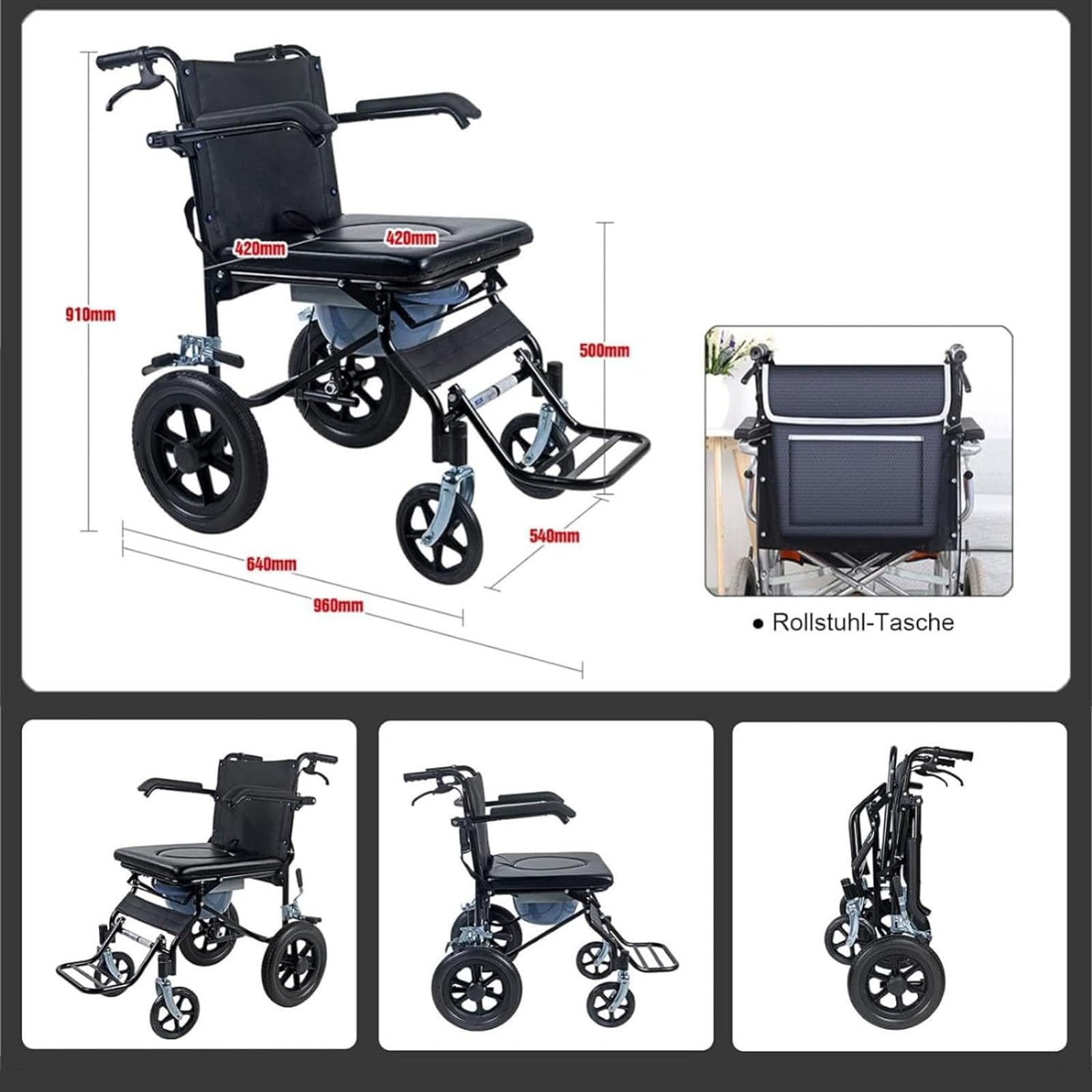 Silla de Ruedas Plegable Ligera, Silla de Ruedas Compacta para Viaje con Frenos Silla de Inodoro Impermeable con Ruedas Silla de Ruedas Extra Estrecha para Casa Viaje Plegable