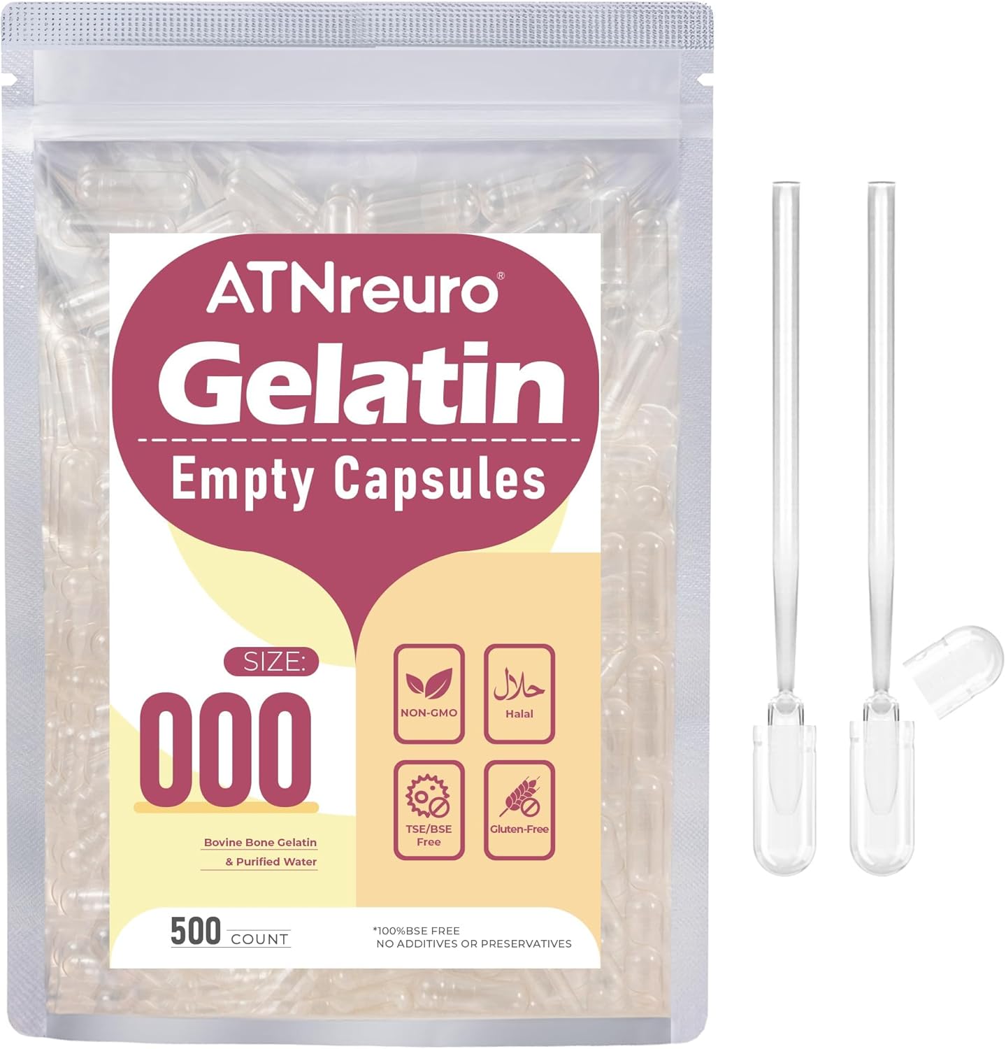 Size 000 Empty Gelatin Capsules with 2 Micro Spoons - 1000 Count Empty Clear Capsule - Gel Pill Capsules for Powders Supplements