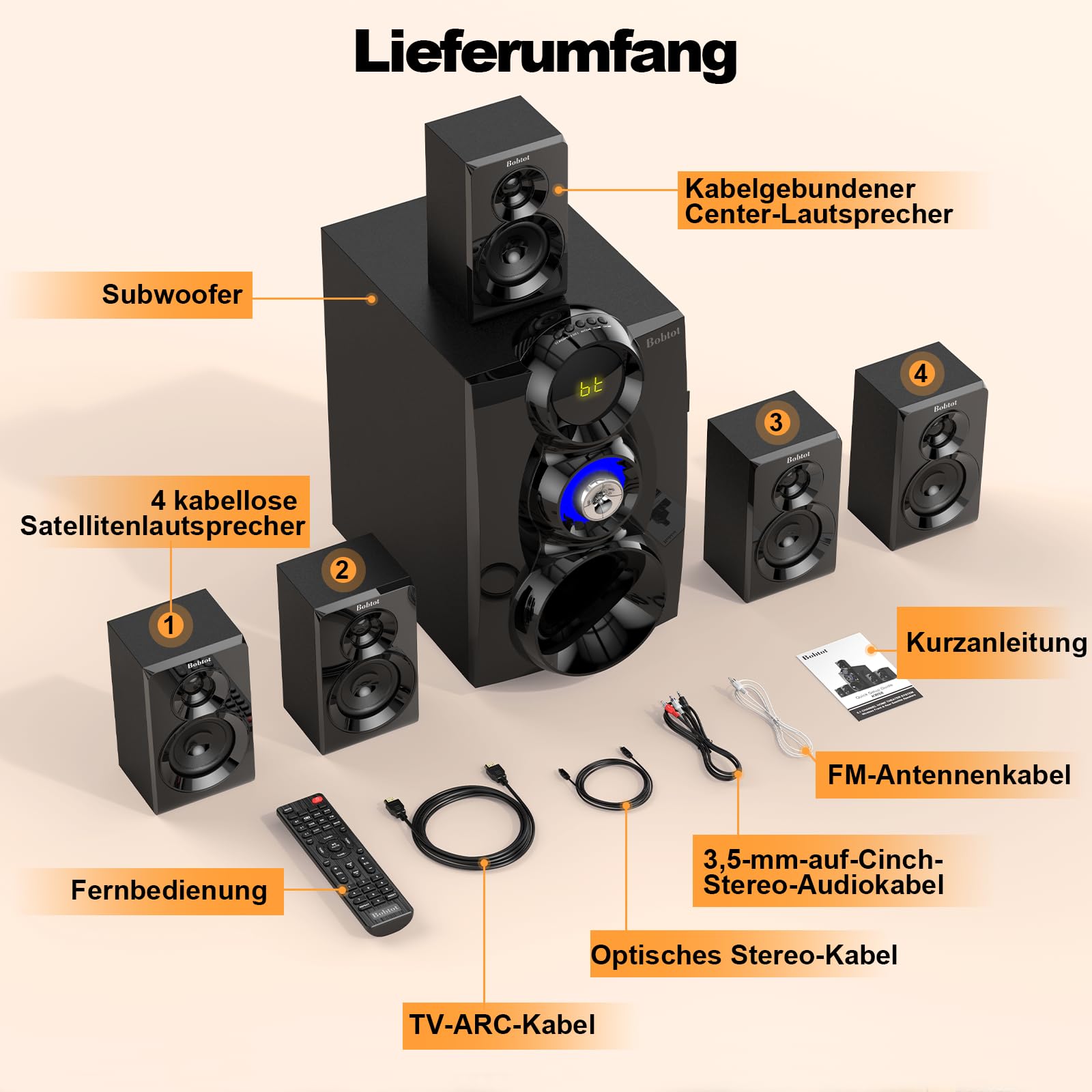 Bobtot Kabelloses Surround Sound System für Heimkino, 1000 W Surround-Lautsprecher, 8-Zoll-Subwoofer, 5.1/2.1-Kanal-System mit tiefen Bässen US-auf-EU-Steckeradapter im Lieferumfang enthalten