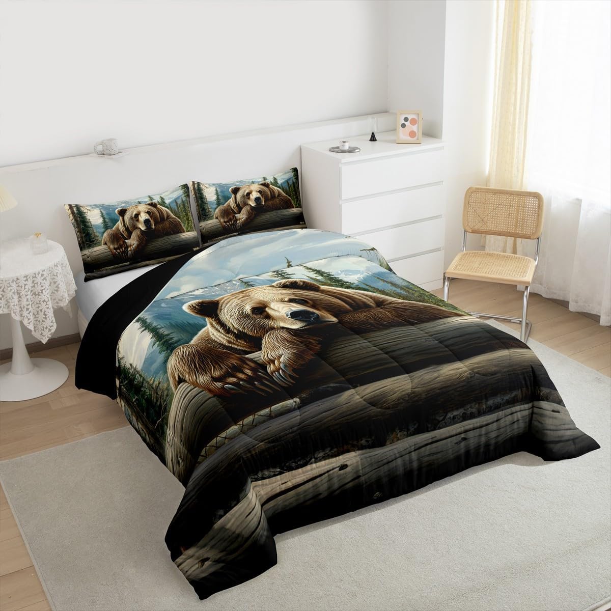Erosebridal Nature Forest Bear Comforter Set Full Size Wild Animals Forest Bedding Set for Child Boys Girls | Rustic Cabin Woodland Brown Bear Comforter Mountain Hunting Wildlife Duvet Insert image 4