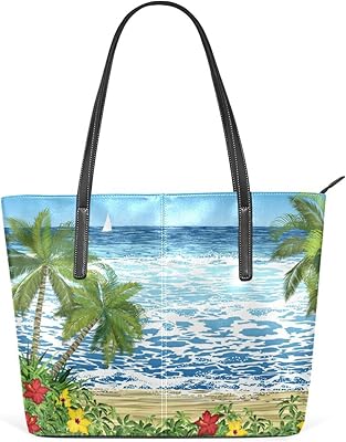susiyo Seaside Landscape with Palms and Tropical Tote Bag with Zipper PU Leather Handbags for Women Top Handle Ladies Shoulder Bag with External Pocket