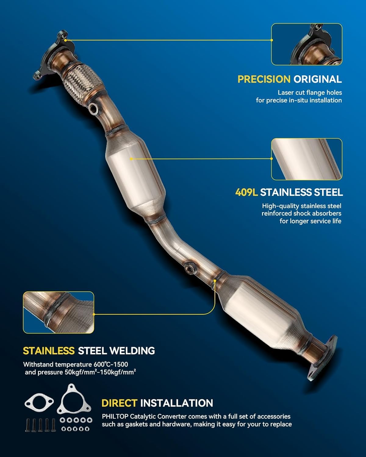 PHILTOP High Flow Catalytic Converter Compatible with Pontiac Chevy Cobalt/G5 2.4L 2008, Cobalt 2.2L 2008-2010, G5 2.2L 2008 2009, HHR 2.2L/2.4L 2008-2011 Catalyst Converter 53857 (EPA Compliant)