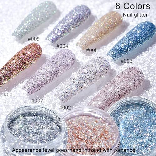 Miniatura 3 de 8 cajas de polvo de diamante de cristal para uñas, purpurina de diamante abrasivo, polvos de pigmento para arte de uñas, 1 cepillo removedor de polvo