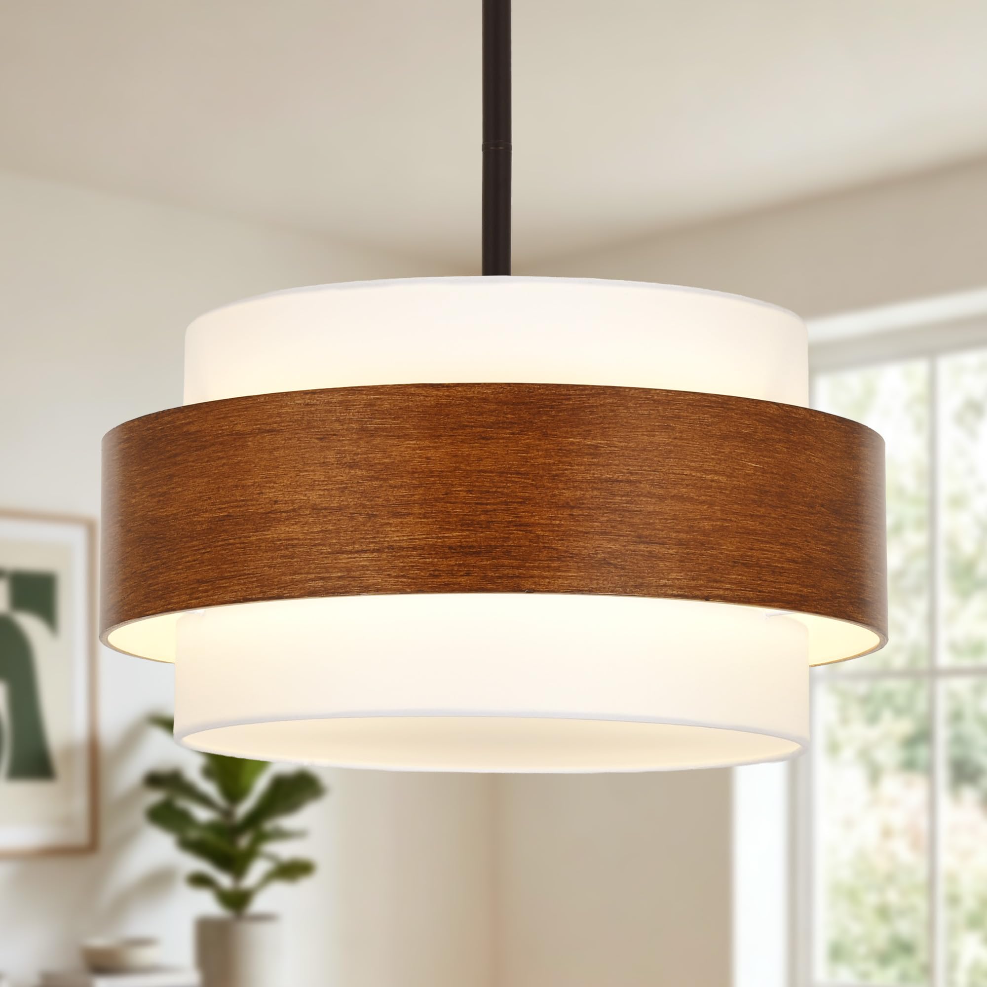 Lustre Teinte Bois, Lustre Moderne à 4 Lumières Rond en Forme de Tambour