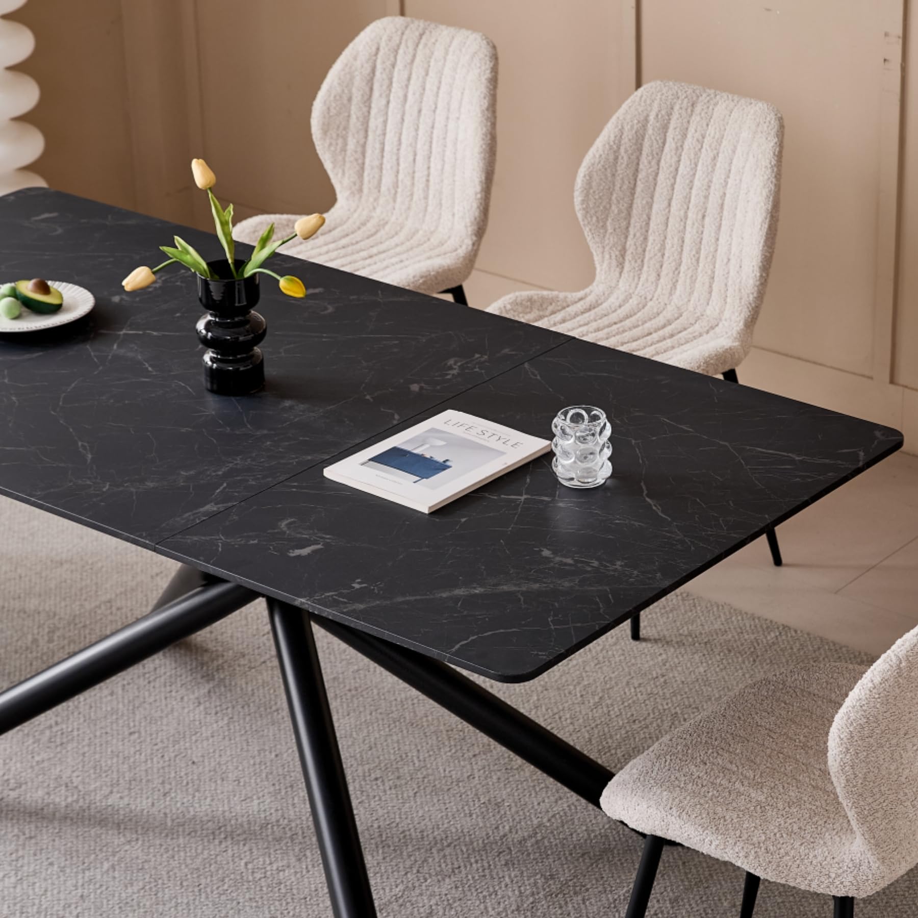 GrandCA HOME Tavolo da Pranzo Rettangolare, Tavolo da Cucina Moderno da 180 cm, Ampia Scrivania in MDF con Gambe in Metallo, per Sala da Pranzo, Soggiorno, Ufficio (Marmo Nero)