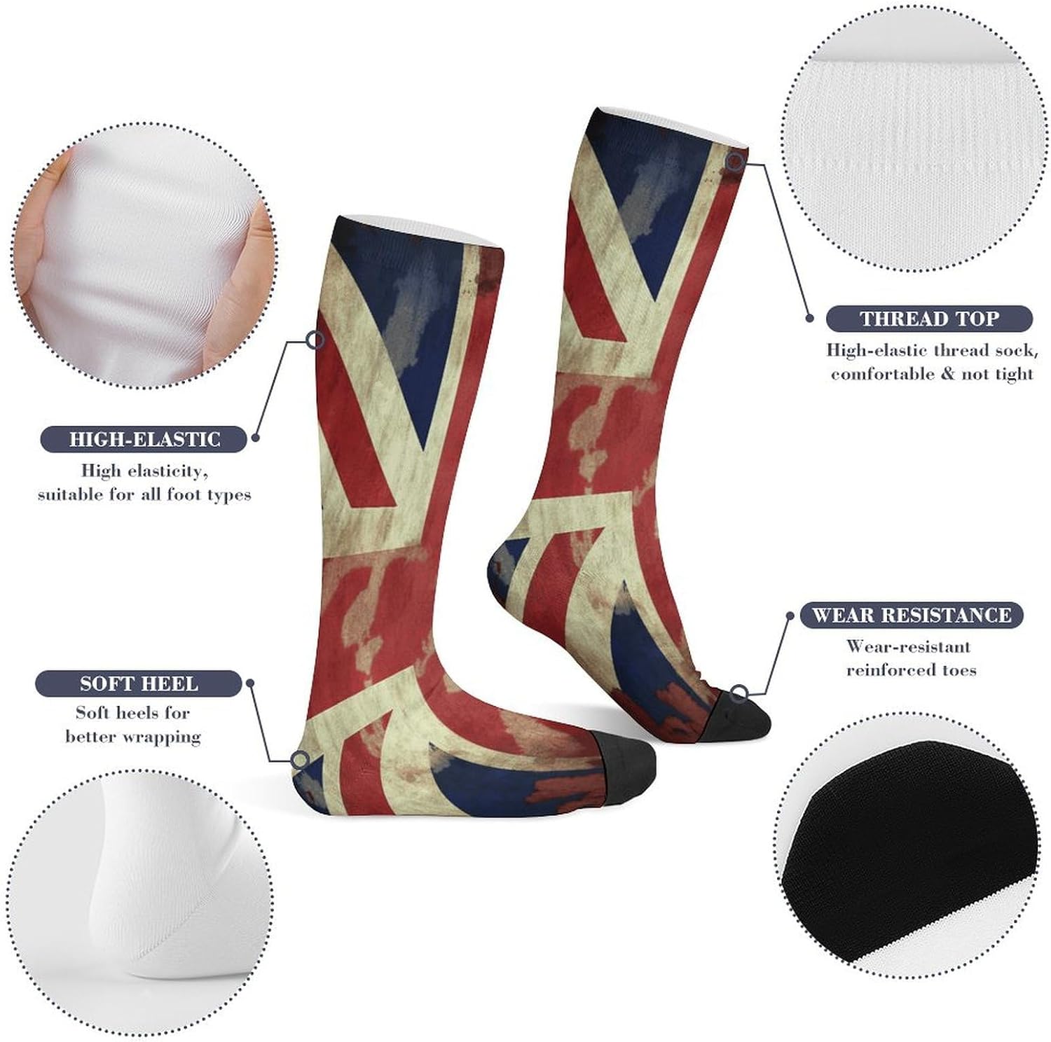 Knee High Socks Union Jack British Flag Long Tube Boot Seamless Toe