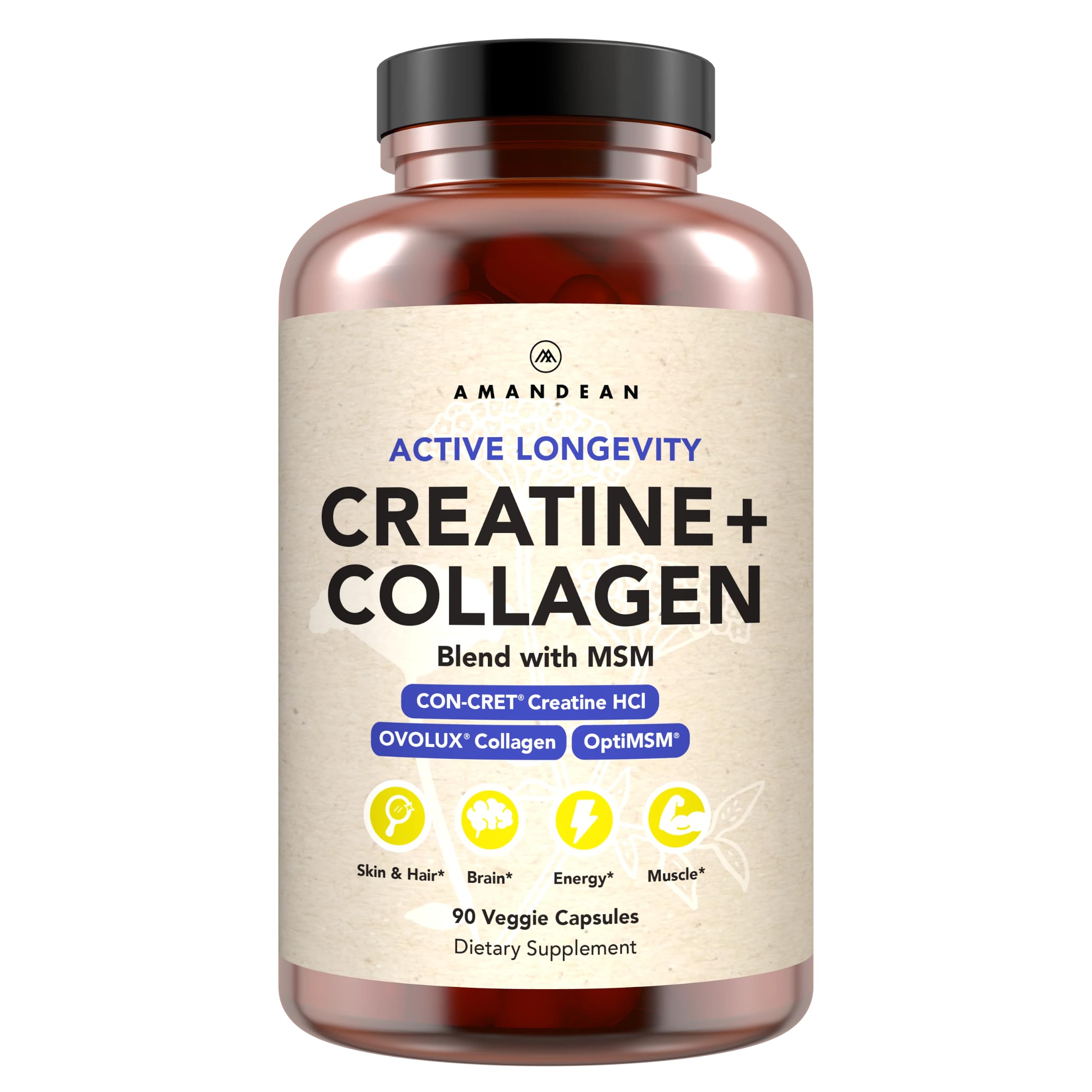 AMANDEAN Creatine HCl + Collagen + MSM Capsules, CON-CRET & OptiMSM, 90ct