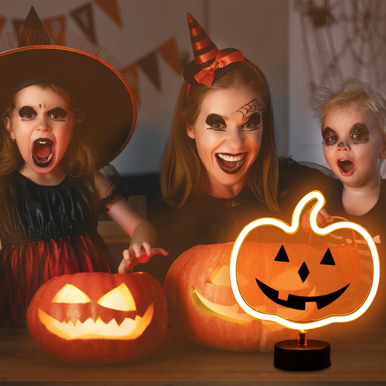 XIYUNTE Orange Glowing Pumpkin Neon Sign, Halloween Neon Sign for Halloween Decorations, USB or Battery Operated Halloween Table Pumpkin Neon Light for Halloween Party, Bedroom, Room Decor