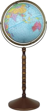 Treasury 12" Diameter Globe, USA Cartography, Convertible to Desktop with Raised Mountain Relief and Sturdy Metal Base and Hand Turned Hard Wood Stand. This economical 12 floor model stands 32 high on a durable metal base and attractive wooden pedestal. Easily converted to a table globe, added features include gyro-matic mounting and calibrated full meridian.