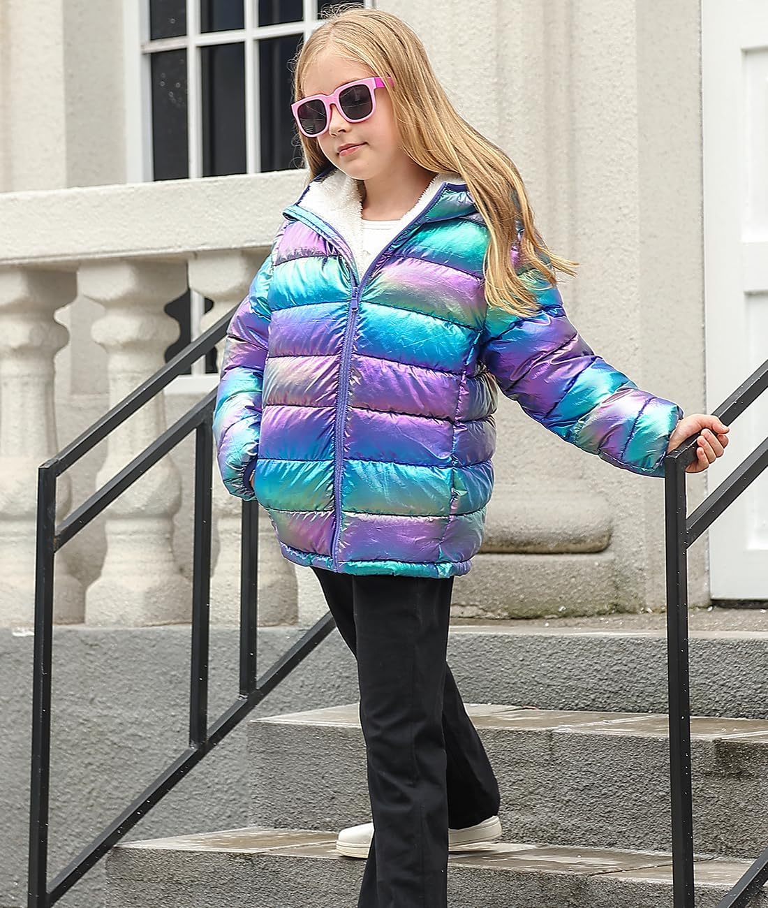 Lovekider 4-12 Years Girls Metallic Shine Hooded Puffer Jacket Packable Warmth Padded Winter Coat - Image 2