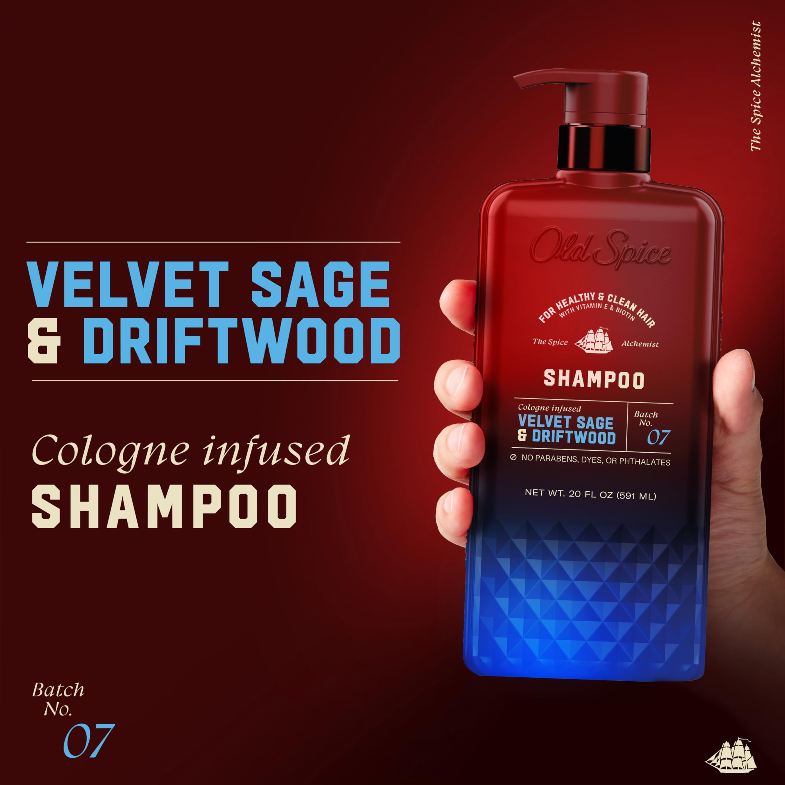 Old Spice Men's Shampoo, The Spice Alchemist Collection, 24/7 Cologne-Infused Velvet Sage & Driftwood Scent, Free of Parabens & Phthalates, 21.9 fl oz