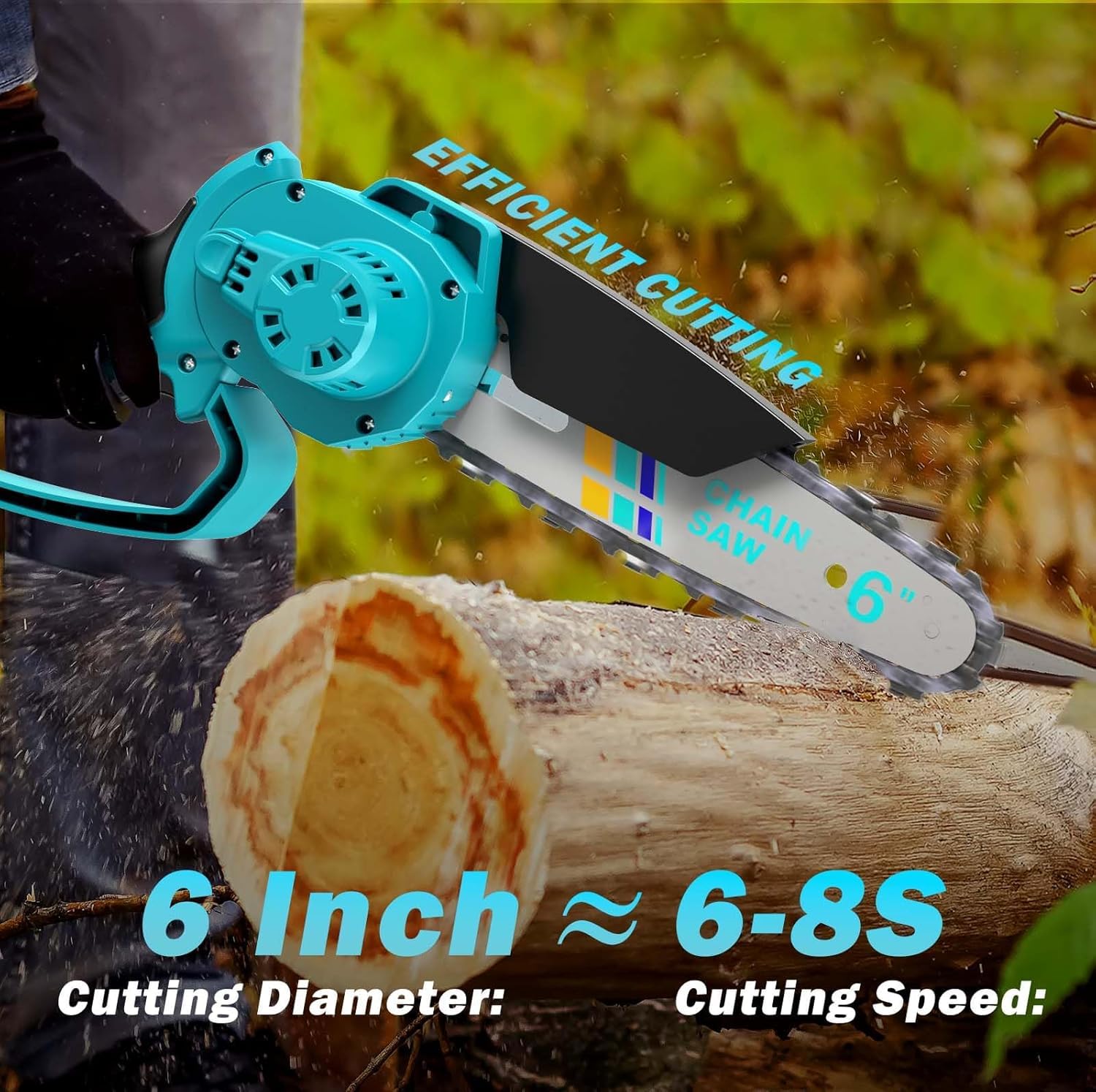 Mini Motosierra Bateria 6000mAh, 6 Pulgadas Motosierra Eléctrica Bateria, Motosierras de Mano, Motosierras Inalámbrica Portátil para Podar Árboles de Jardinería, 2 Baterías