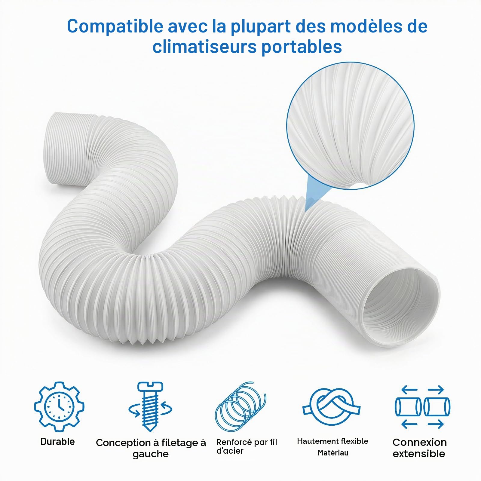 Tuyau Climatiseur Mobile, Diamètre 150mm Longueur 2M, Filetage à Gauche/Anti-Horaire, Tuyau Rallonge Souple en PP avec Armature Acier, Évacuation Universel pour Climatiseur Mobile